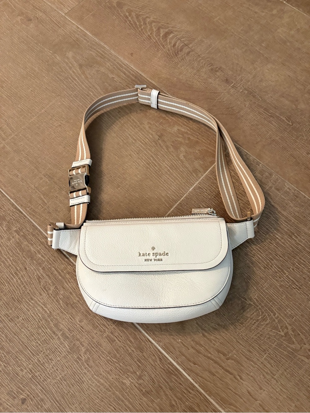 kate spade white leather crossbody belt bag with striped strap